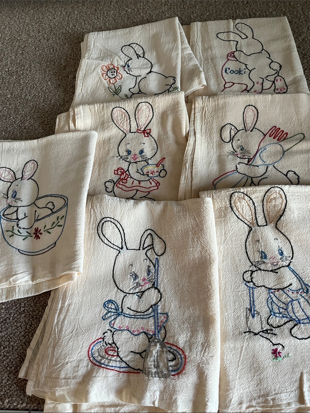 Set of 7 Vintage Hand Embroidered Bunny Tea Towels - Cream with Pastel Accents